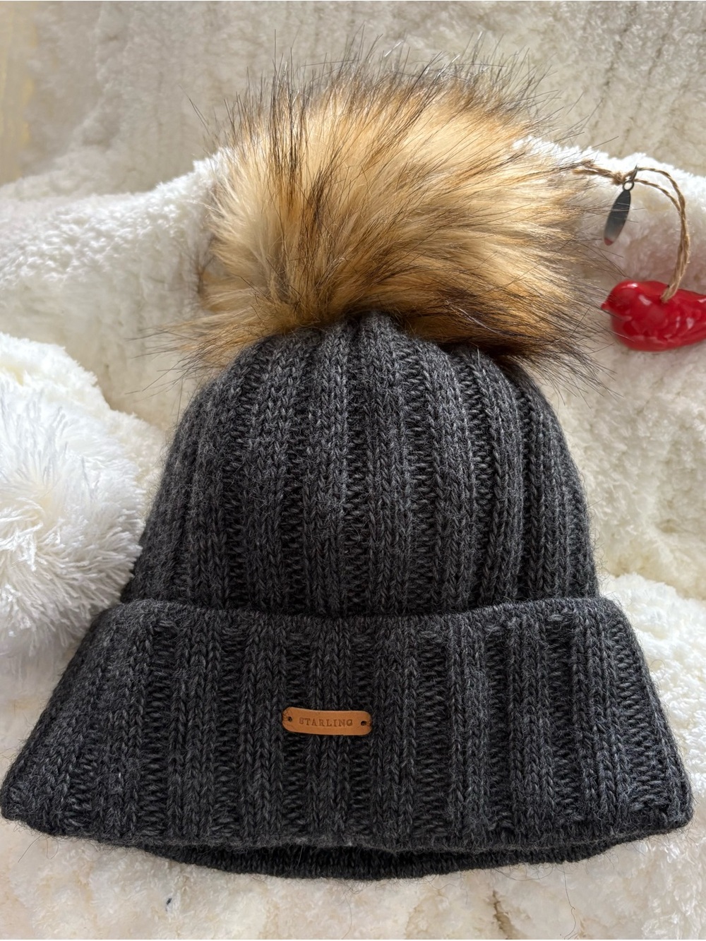 Starling Wool Blend Gray Knit Beanie Faux Fur Pom Pom Poland